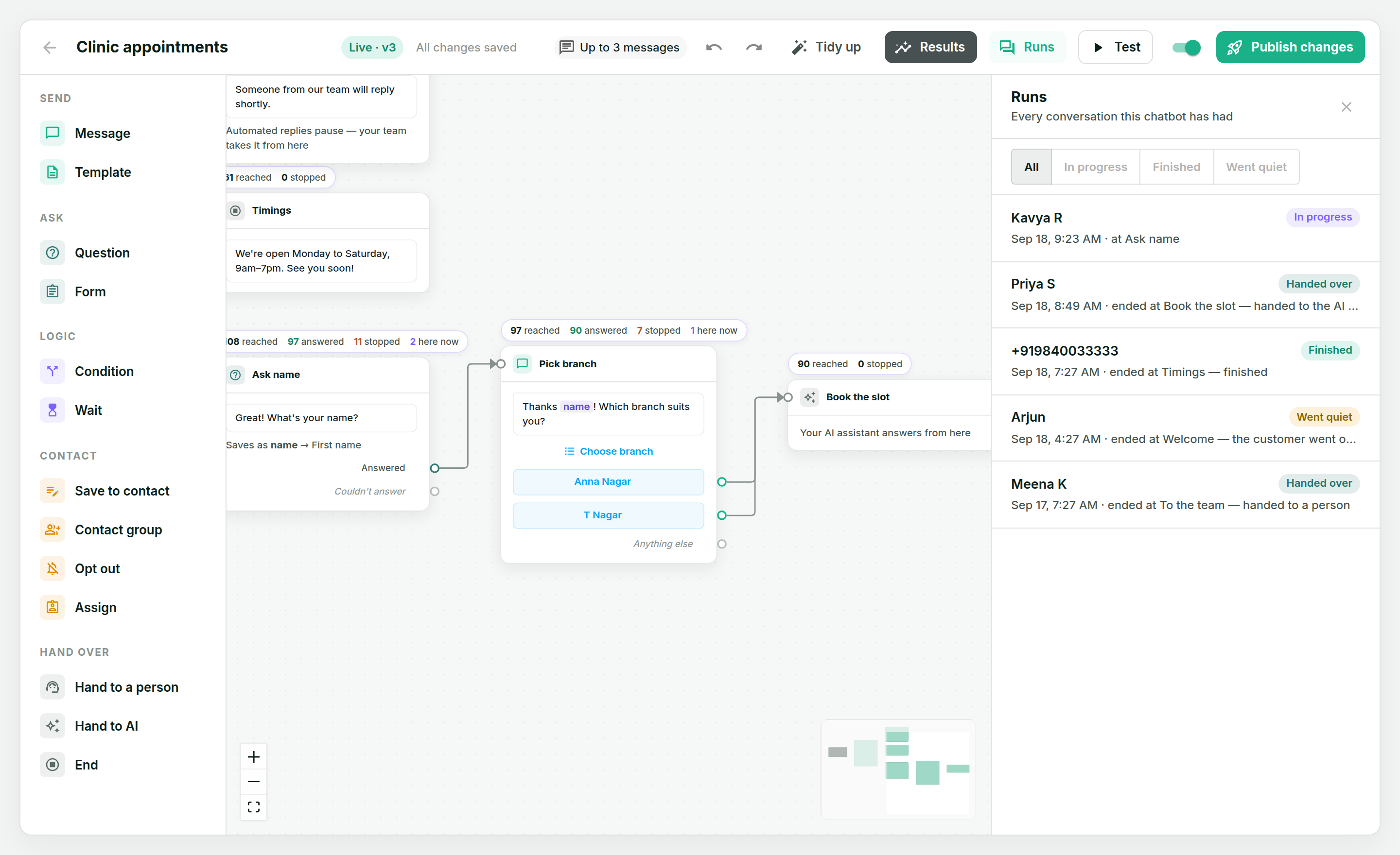 The Runs panel listing runs with customer names, when they started, where they ended and a status such as In progress, Handed over or Finished