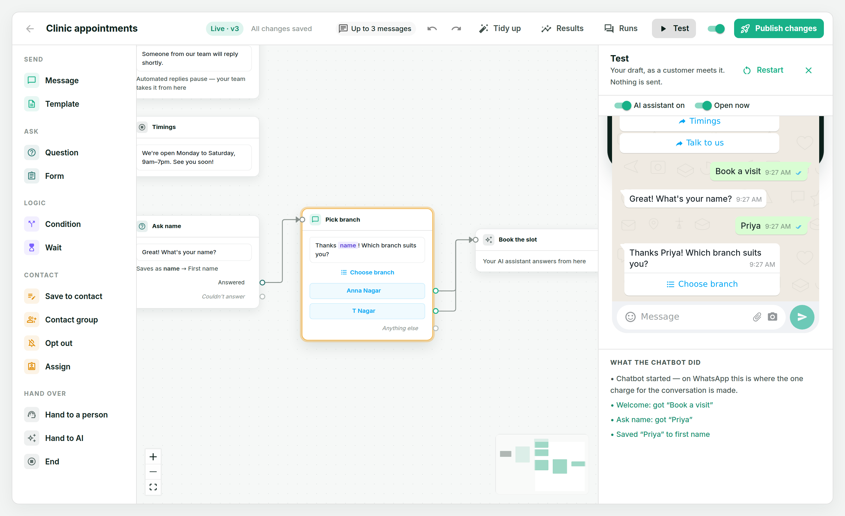 Test mode: the canvas with the current step highlighted in amber, and on the right a WhatsApp-style phone showing the conversation so far, with a list of what the chatbot did underneath
